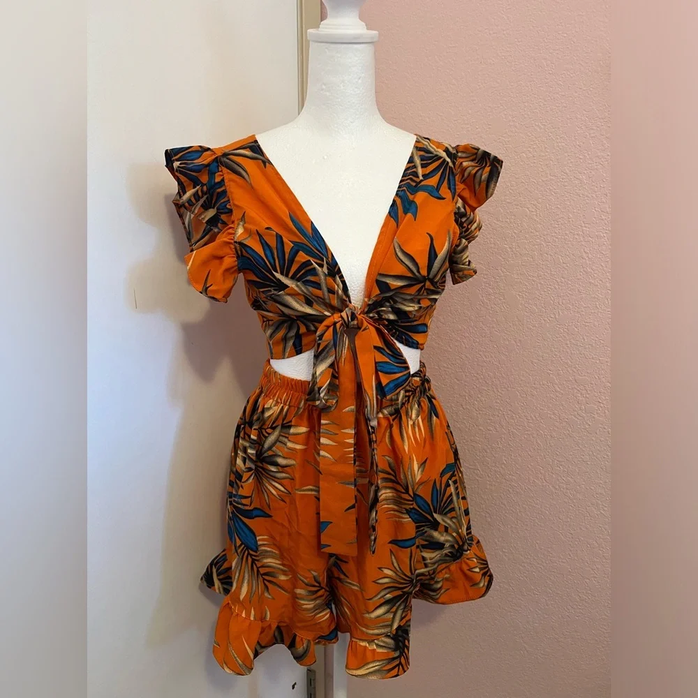 Tropical Print Tie Front Ruffle Trim Top and Shorts Co-ord Set